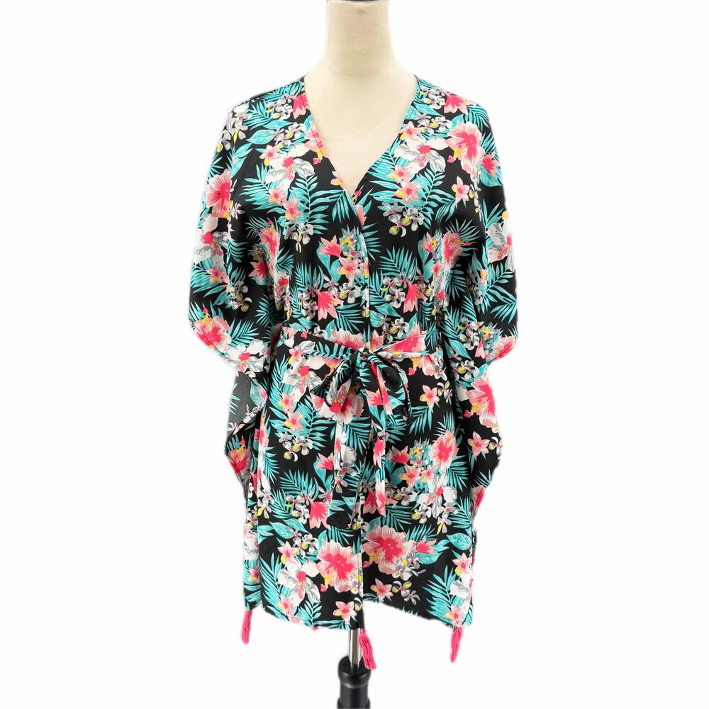 America & Beyond Black Tropical Belt Tie Tassel Short Sleeve Robe Swim Cover Up